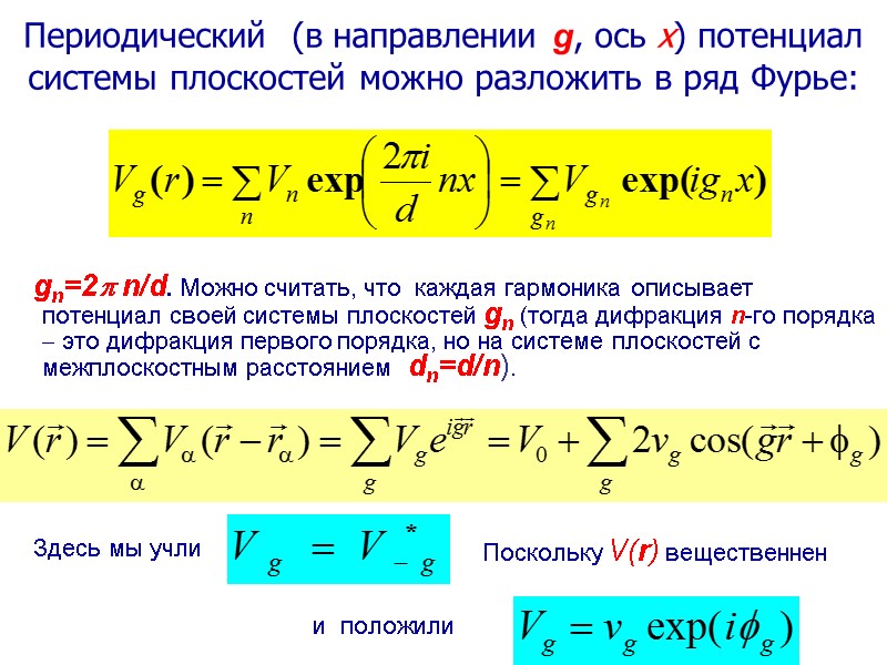 Периодический  (в направлении g, ось x) потенциал системы плоскостей можно разложить в ряд